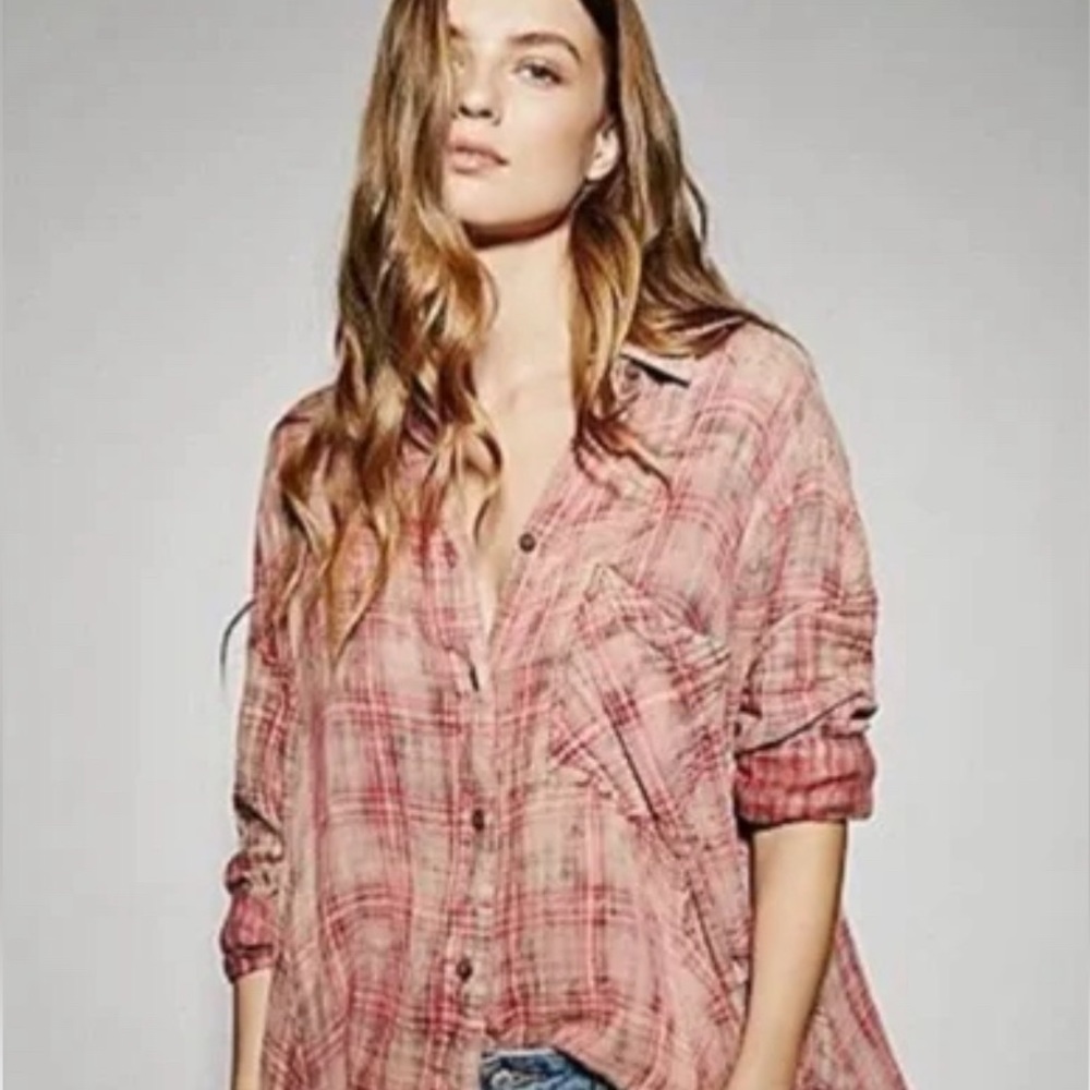 Free People Nordic Night Plaid Lace Up Side Flannel Shirt